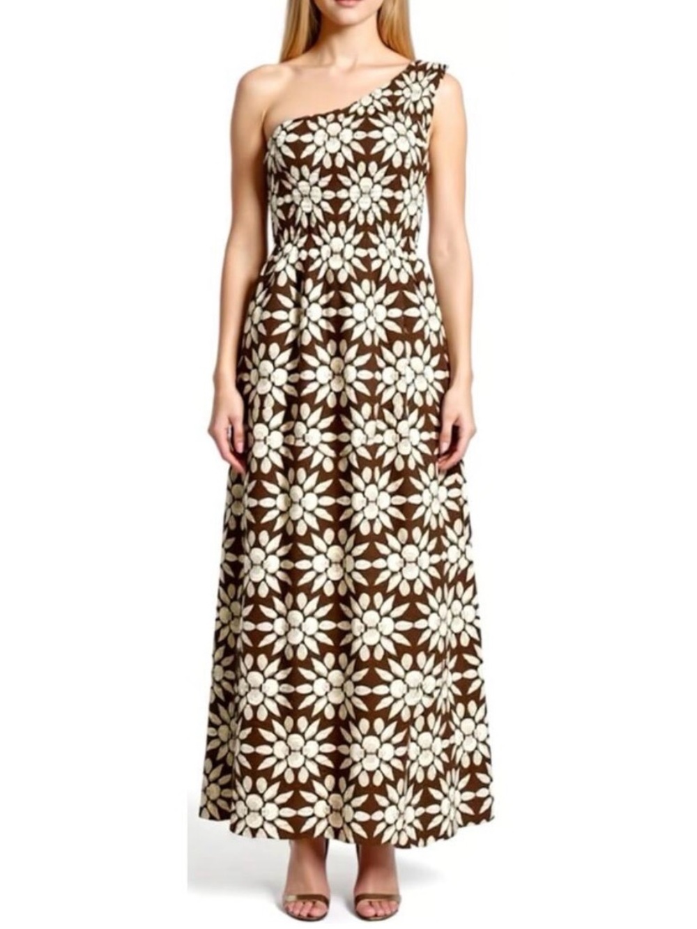 One-Shoulder Brown and Cream Floral Maxi Dress